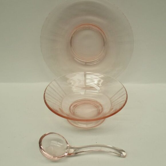 Vintage Depression Glass Pink ETCHED 3-Piece Mayonnaise Set - Picture 3 of 4